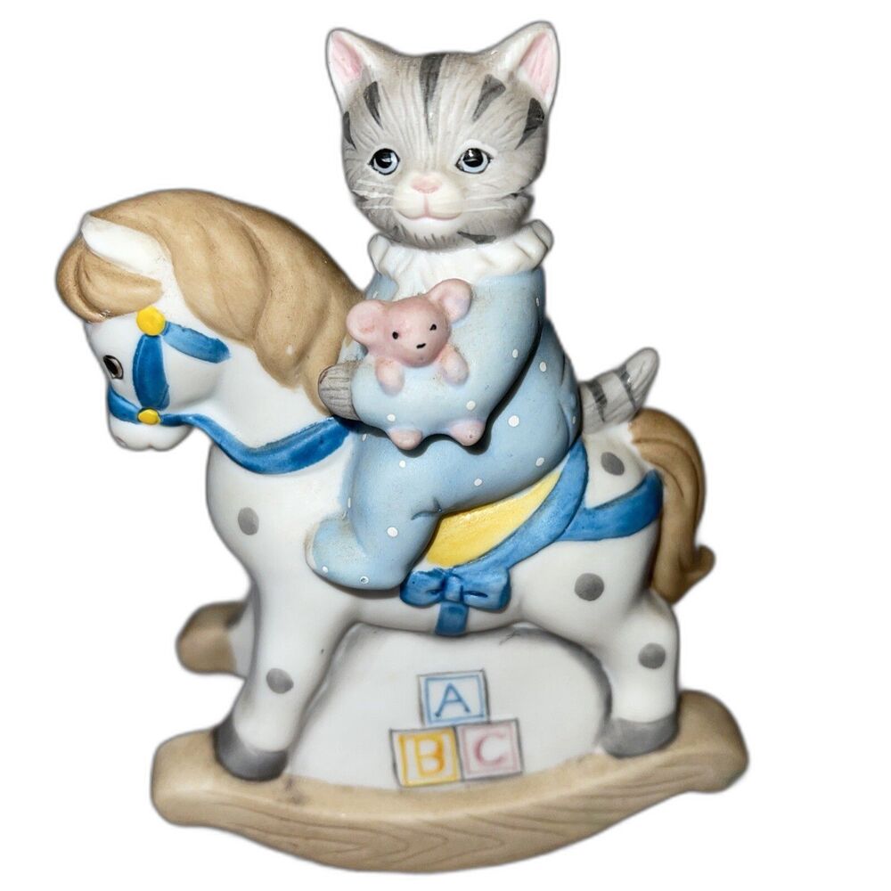 Kitty Cucumber Gray Tabby Cat On Rocking Horse Figurine 4.75” Vintage Schmid